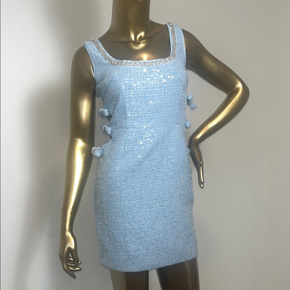 Miss Rosier Light Blue Tweed Sequin Crystal Embellished Mini Dress